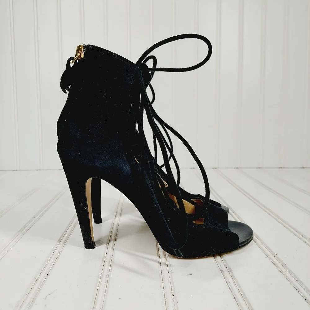 Saks Fifth Avenue Naylee Black Suede Tie Up Sandals Stiletto Heels I418